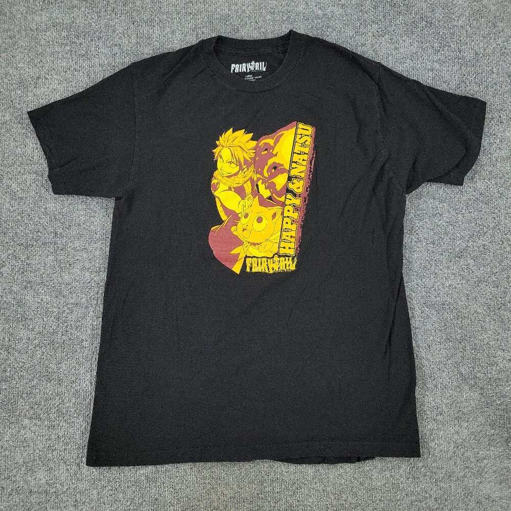 Fairytail Shirt Men's Large Black Happy & Natsu Anime Graphic Tee Short Sleeve